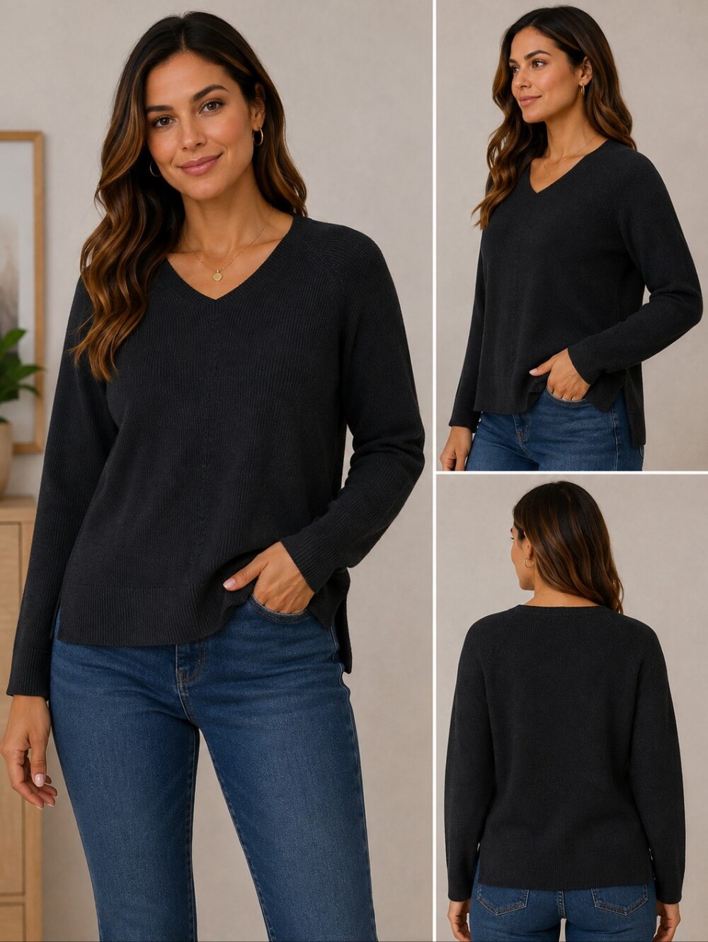 Athleta Black V-Neck Ribbed Knit Sweater